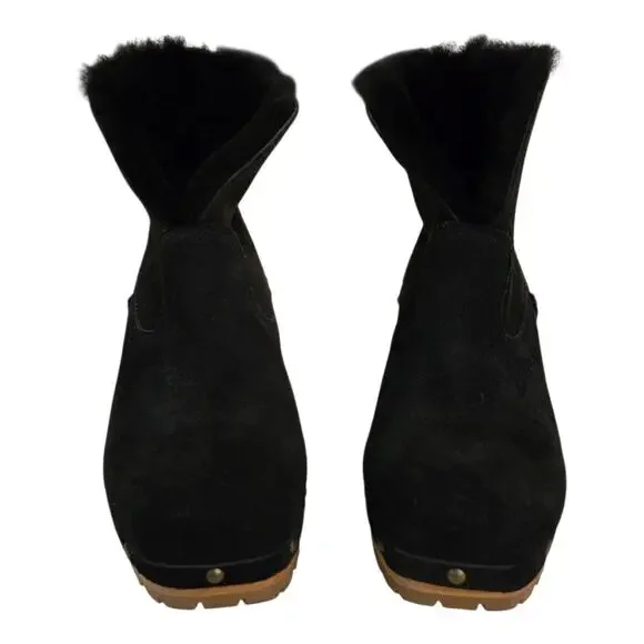 Ugg Thebes Black Suede Fur Lined Clog Boots Size 6 Chunky Platform Boho Winter - Picture 4 of 12
